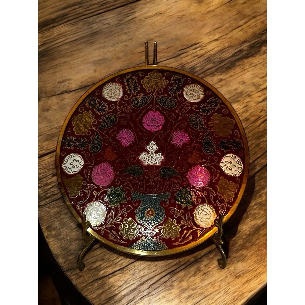 Floral Enameled Polished Brass Bowl Made in India Decorative Plate Pedestal Bowl